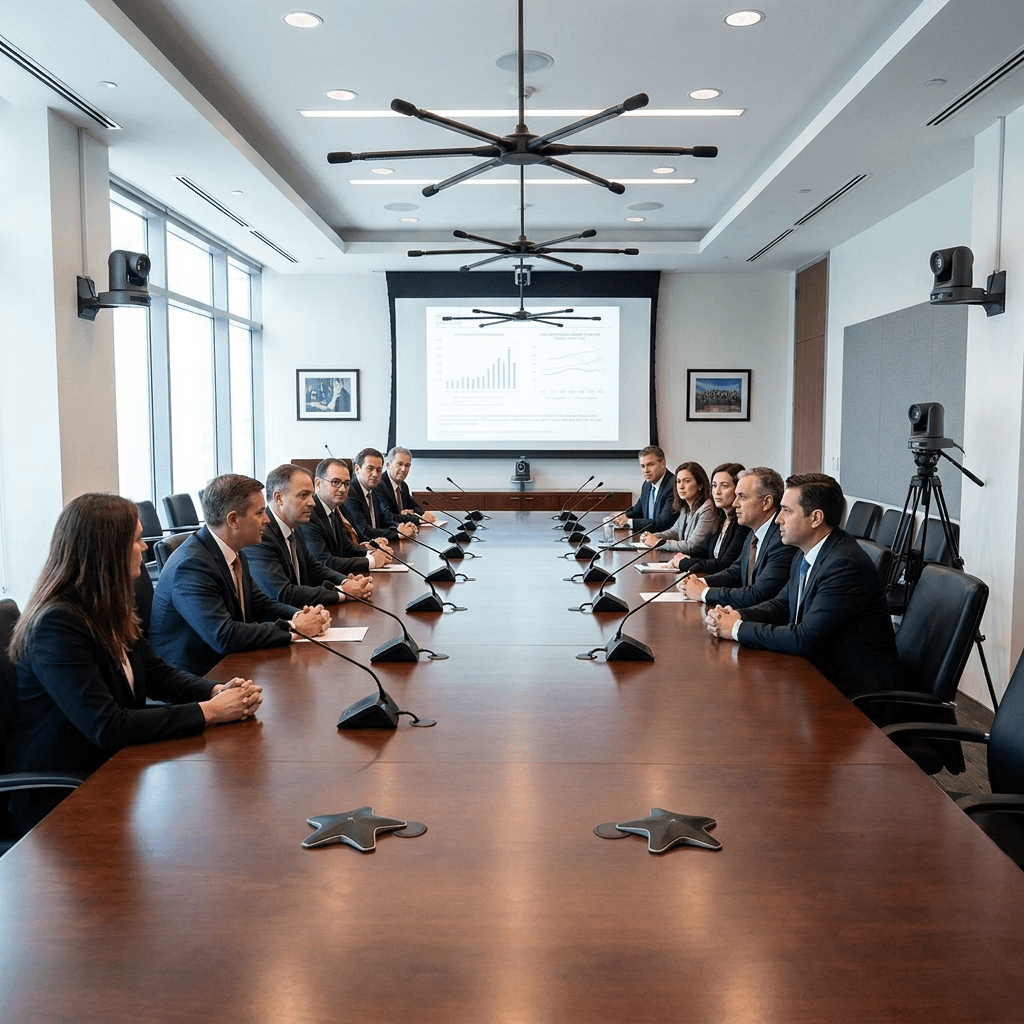 Twelve business professionals sitting on both sides of a long conference table with microphones, facing a presentation screen showing graphs