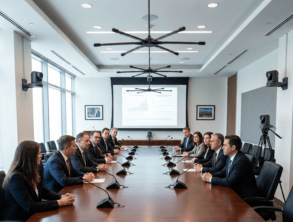 Twelve business professionals sitting on both sides of a long conference table with microphones, facing a presentation screen showing graphs
